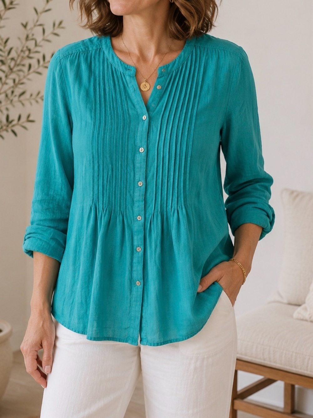 NWT SOFT SURROUNDINGS PXL Pintuck teal woman 100% cotton button blouse coastal
